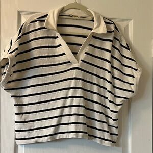 Like new Madewell cream and Black Striped Polo V-Neck Top size L
